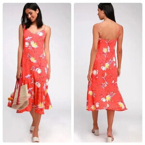 Lulus Quinlynn Coral Red Floral Print Midi Dress Size Small NWT New